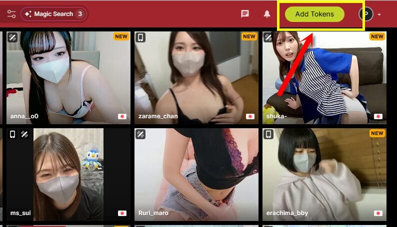 Stripchat Add Tokens screen for buying tokens