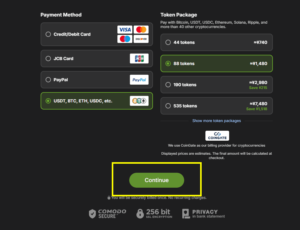 Stripchat token package and payment method selection screen