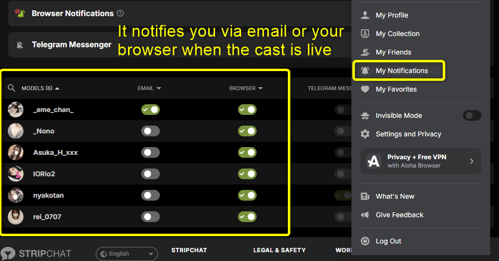 Stripchat notifications for followed models going live