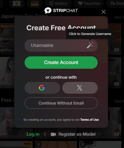 Stripchat free account registration screen
