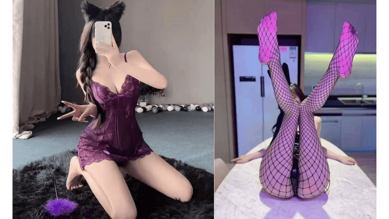 A double-panel image of Stripchat Amy-i: one showing her voluptuous body line in a sexy outfit, and the other highlighting her gorgeous slender legs in black fishnet stockings