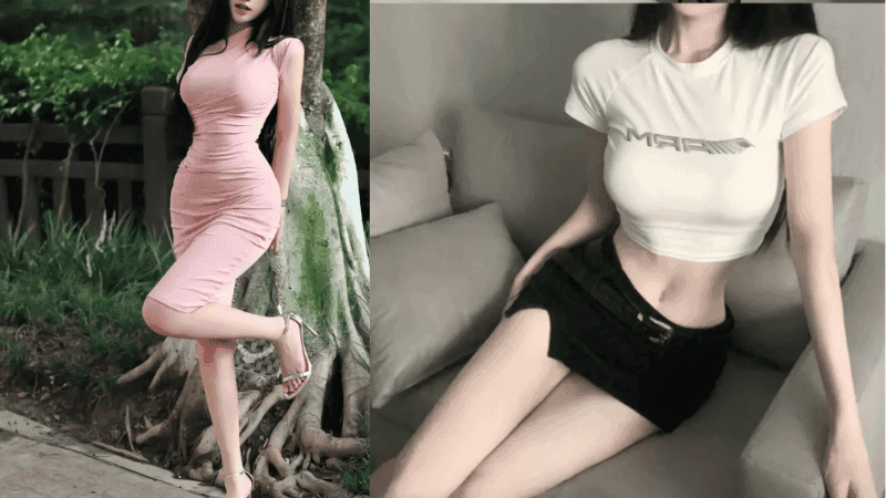 Stripchat Nivaria- wearing a tight, form-fitting outfit that perfectly highlights her narrow waist, full hips, and hourglass silhouette