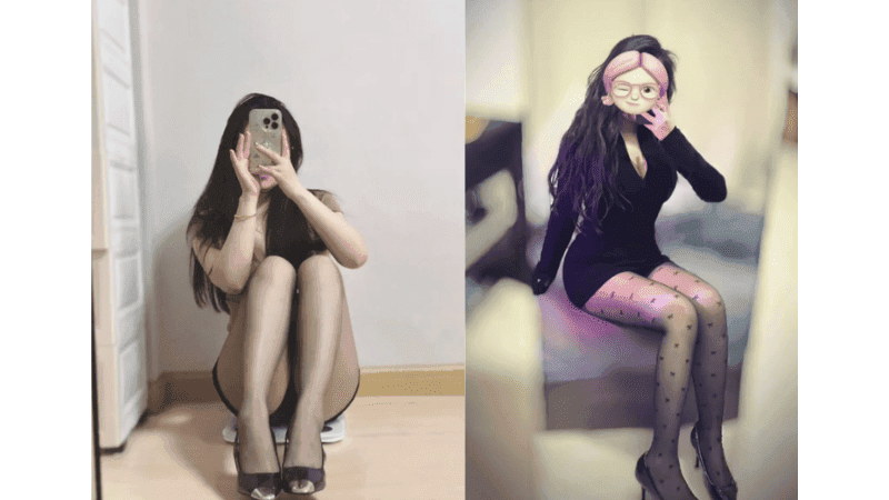 A close-up of Stripchat i4Fog wearing a short miniskirt and sheer black stockings to emphasize her long legs for foot-fetish fans