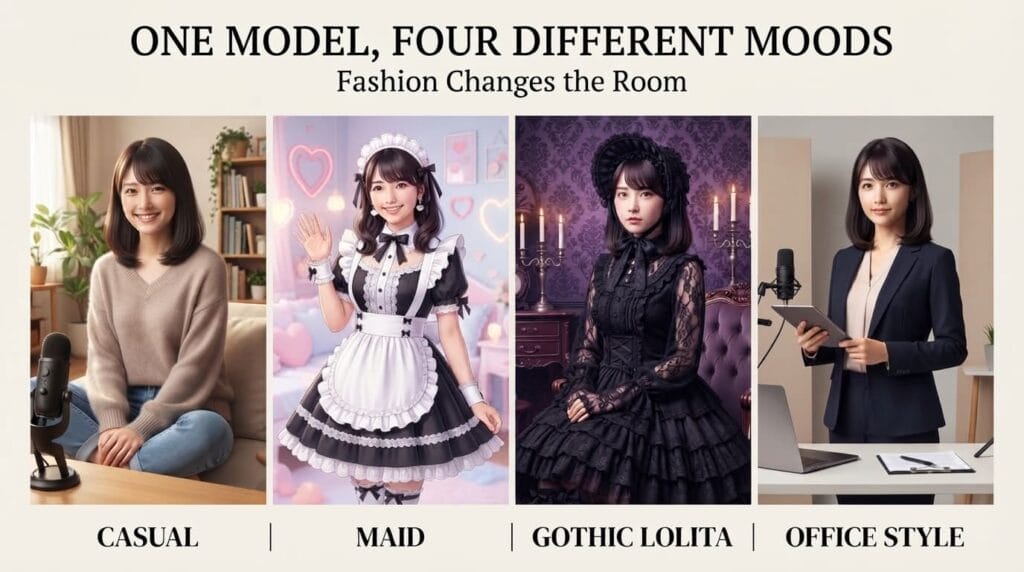 Same Japanese livestreamer in casual, maid, Gothic Lolita and office-style looks